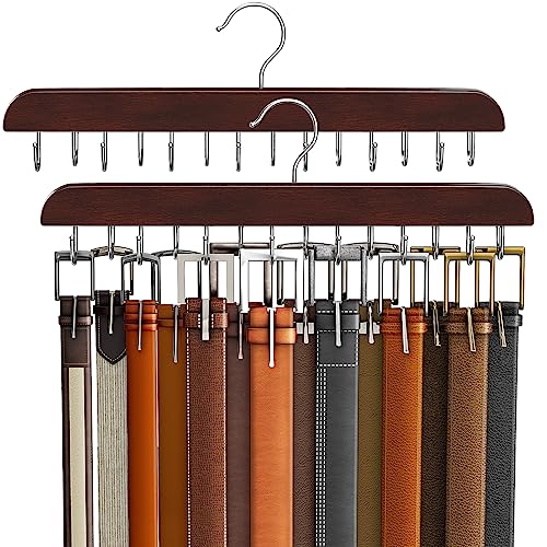 Belt Hanger for Closet, Sturdy Wood Belt Rack Closet Accessories with 14 Hooks Belt Organizer for Closet Organizers and Storage Max 42 Belts-Mahogany 2 Pack - color: Mahogany, size: 2 Pack