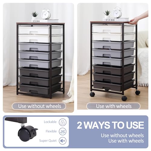 SYKIARIOL Rolling Cart with Drawers,Utility Cart With 8 Drawers and Wooden Tabletop for Living Room,Classroom,Bedroom,Bathroom,Dorm,Office,Dark Grey - color: Gray