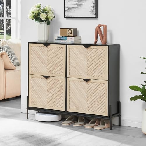 Shoe Cabinet Storage with 4 Flip Drawers, Narrow Hidden Shoes Organizer Cabinet for Entryway, Freestanding Slim Shoe Rack Front Door Entrance(Oak&Black) - color: Oak&black, size: Large