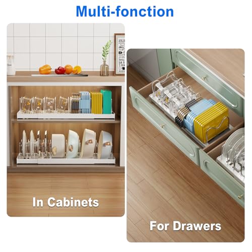 Mustorn 2 Pack Pots and Pans Organizer Under Cabinet, 22" Expandable Food Storage Container Lid Organizers with 9 Adjustable Dividers Pot and Pan Lid Holders Rack Inside Cabinet/Countertop(White) - color: White(Expandable), size: 2 Pack
