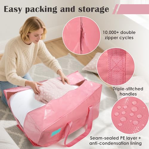 12 Pack Moving Bags with Full-Open Side Zipper, Extra Large 93L Heavy Duty Waterproof Foldable Storage Totes for College Dorm, Moving & Home Organization Pink - color: Pink, size: 12Pack