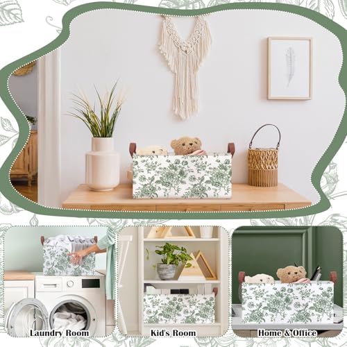 Boao 3 Pcs Sage Green Floral Storage Bin Collapsible Large Storage Baskets for Gifts Canvas Laundry Basket Foldable Box with Handle for Office Home Bedroom Clothes - style: Green Flower