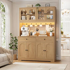 HIFIT 71" LED Kitchen Pantry Cabinet with Power Outlet, Large Kitchen Hutch Storage Cabinet with Arched Door & Shelves & 2 Drawers, Tall Modern Coffee Bar w/Hutch for Home Dining Living Room, Natural - color: Natural