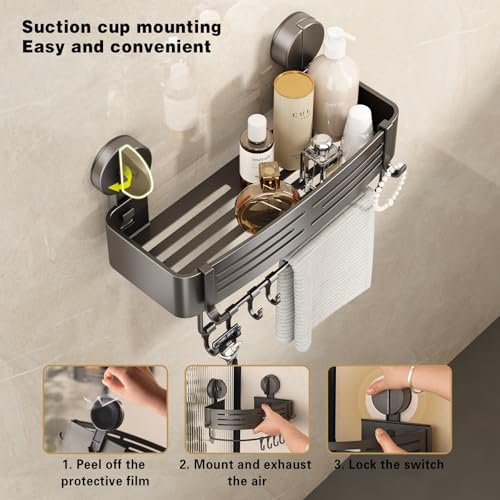 VOLPONE Corner Shower Caddy Suction Cup Shower Shelf Corner No Drilling Bathroom Shower Organizer Storage Rack Adhesive with Towel Bar Hooks(1-Pack, Gray) - style: Suction cup triangle with towel bar hooks 1 Tier gray