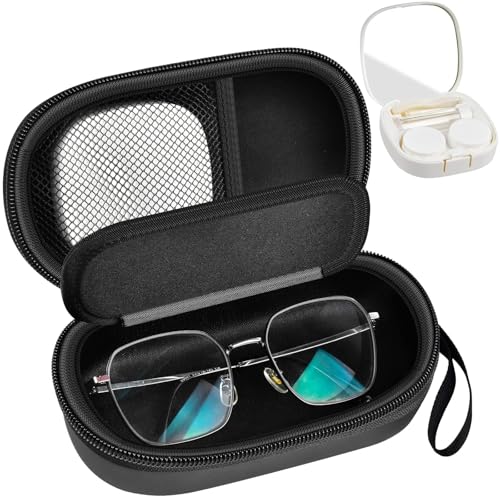 GWCASE Portable 2 in 1 Contact Lens Case and Glasses Case, Traveling Contact Cases Bag Box Holder with Soak Storage Kit Included Built-in Mirror, Tweezer, Lens Solution Bottle and Hand Strap-Black - color: Black