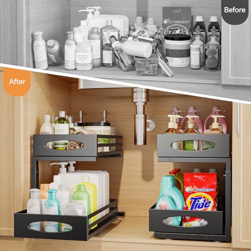 Under Sink Organizer, 2 Tier Under Sink Organizers and Storage, Adjustable Height, Slide out Metal Cabinet Organizers, Pull out Cabinet Storage Drawer Shelf for Kitchen Bathroom (Black, 1 Pack) - color: Black