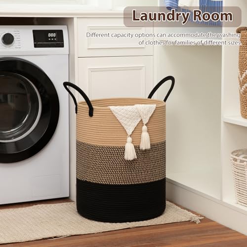 OIAHOMY Large Laundry Basket Hamper - 100L Cotton Rope Woven Basket for Blankets, Toys, Clothes - Tall Decorative Nursery Hamper with Long Handles, Yellow/Black - color: Yellow/Black, size: 100L