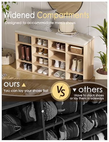 DINZI LVJ Shoe Storage Bench with Cushion, 16-Cubby Shoe Rack, Adjustable Shelves, 40.9" Long Shoe Organizer Bench for Entryway, Mudroom, Hallway, Garage, Natural and Cappuccino Beige - color: Natural, size: 16 Cubby