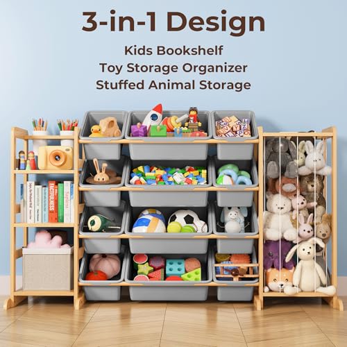 Toy Storage Organizer with Bookshelf and Stuffed Animal Storage - Kids Playroom Organization with Shelves and 12 Toy Bins - Toddler Living Room Toy Box for Lego - Nursery Bedroom Decor Essentials - color: Grey, size: 55.2"W,3 Shelves,12 Bins