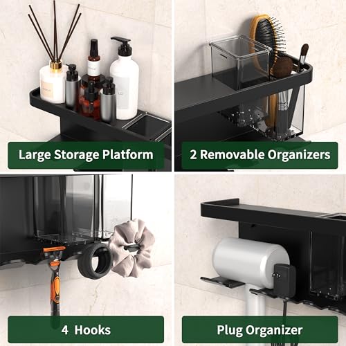 Hair Dryer Holder Wall Mounted Adhesive/Drilling, Hair Dryer Storage Organizer with Shelf & Hooks for Bathroom, Blow Dryer Holder, Hair Tool Organizer (Black) - color: Black