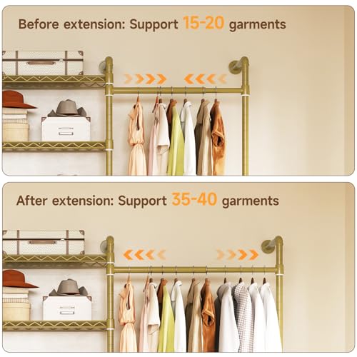 ONBRILL L7 Wall Mounted Industrial Pipe Clothing Rack – Heavy Duty Modular Closet System with 9 Hanging Rods ( 6 Expandable) & 10 Adjustable Shelves, Corner Garment Rack, Large Wardrobe - Gold - color: Gold