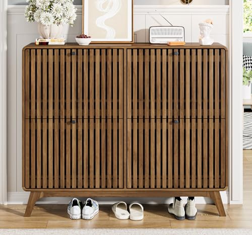 Jluomei Large Shoe Cabinet for Entryway, Bamboo Narrow Shoe Cabinet Storage with 4 Flip Drawers, Slim Fluted Shoe Rack Organizer for Entry Way, Hallway, Thin, Skinny, Wood, Walnut - color: Walnut-4 Drawers