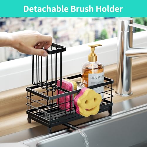 HapiRm Sponge Holder for Kitchen Sink - Self-draining Sink Caddy with Smiley Face and Brush Holder, Stainless Steel Kitchen Countertop Essentials and Gadgets - Black - color: Black, size: with Smiley Face Sponge Holder（single）