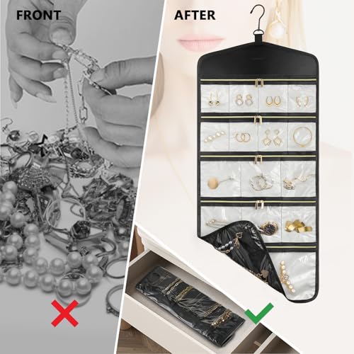 CHICECO Travel Jewelry Holder Organizer,Hanging Jewelry Organizer Storage With Zippered Pockets for Cloest,Wall,Door,Jewelry Holder for Earrings, Necklaces（Beige Black） - color: Beige Black