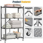 Fenbeli 4-Tier Folding Metal Storage Shelf with Wheels, No Assembly Organizer Rack, Heavy Duty Collapsible Shelving Unit for Garage, Kitchen, Basement, Pantry, Living Room(New Upgrade - Gray, 4 Tier)