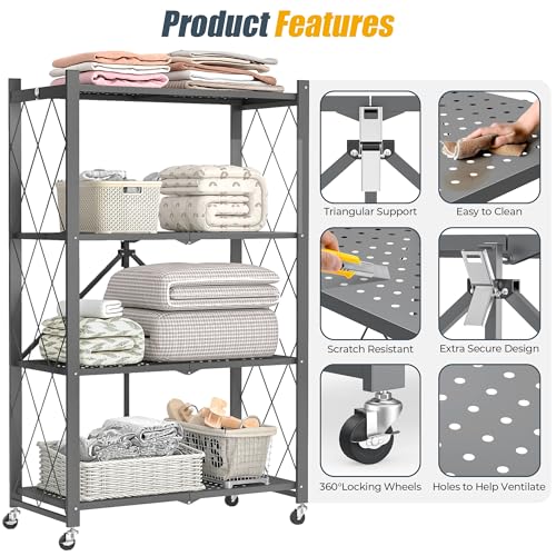 Fenbeli 4-Tier Folding Metal Storage Shelf with Wheels, No Assembly Organizer Rack, Heavy Duty Collapsible Shelving Unit for Garage, Kitchen, Basement, Pantry, Living Room(New Upgrade - Gray, 4 Tier)
