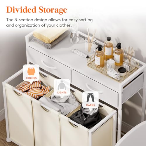 Lifewit Laundry Hamper 3 Section, Large Rolling Laundry Sorter with Shelf & 2 Drawers, Pull-Out Laundry Basket Organizer with Wheels and Removable Bag for Laundry Room Bathroom, White and Beige - color: White