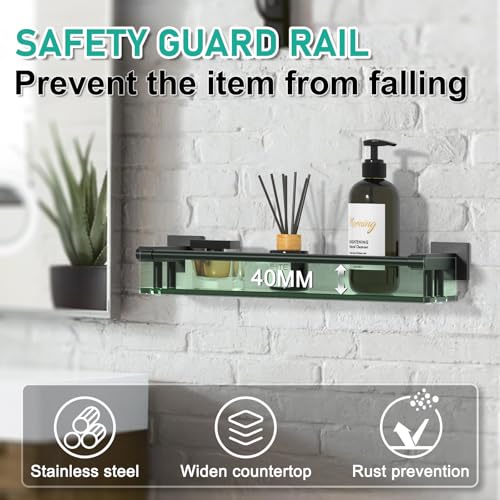 Glass Shelf 16IN for Bathroom Black Rectangular Stainless Steel Tempered Glass Modern Wall Mount Shelf Sink Over Toilet Bathroom Organizer (Matte Black, 16‘’) - color: Matte Black, size: 16'' with Railing