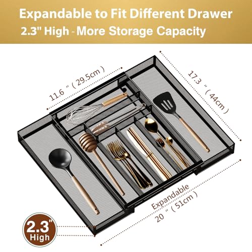 Sedegn Silverware Organizer Metal Mesh, Large Drawer Organizer, Utensil Cutlery Tray for kitchen drawers, Expandable Flatware Organizer with 8 Compartment Black 11.6"~20" x 17.3" - color: Black, size: Expandable 11.6"~20" x 17.3"