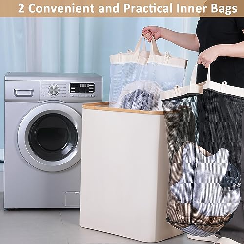 iEGrow 150L Laundry Basket with Lid, Large Laundry Hamper with Bamboo Handle, Collapsible Dirty Clothes Hamper Organizer with 2 Removable Inner Bags for Clothes Towels - Beige - color: Beige, size: 150L