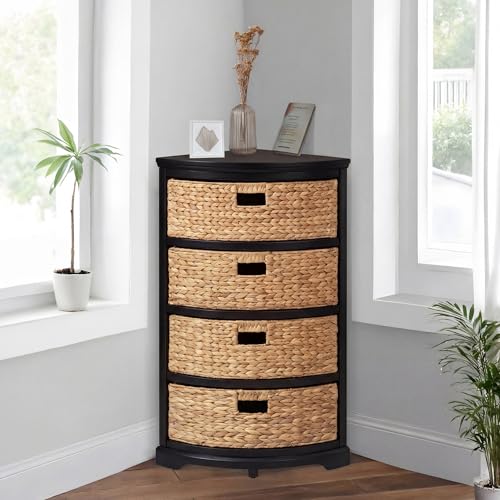 eHemco Hampton Meadows 4 Tier X-Side Corner Table Storage Cabinet with 4 Wicker Baskets, Black - color: Black, size: 14"D x 14"W x 32.2"H (4 Drawers)