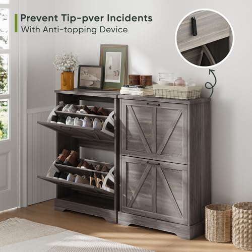 Smart FENDEE Shoe Cabinet, Shoe Storage Cabinet for Entryway with 2 Flip Drawers, Narrow Farmhouse Shoe Organizer Cabinet, Slim Shoe Rack Cabinet, Gery - color: Grey, size: Width - 23.6 inches