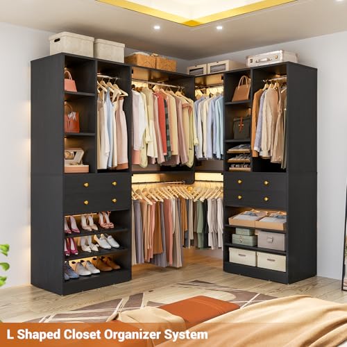 10FT Closet System with 4 Drawers, 120" Closet Organizer System with 6 Hanging Robs & Reversible Hanging Shelving, Closet Systems for Walk-in Closets, Load 2000+LBS, Black 2 Pack - color: Black, size: 10FT