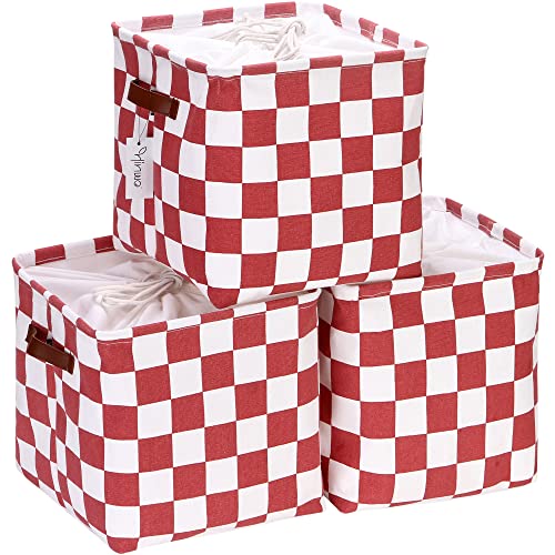 Hinwo 3-Pack Cubic Organizer Shelf Bins, Canvas Fabric Storage Baskets with Handles, 22L/5.8-Gal Square Storage Bins, Cubes, Collapsible Storage Box, 11 x 11 x 11 Inches (S, Red Checkerboard) - color: Red Checkerboard, size: S/11 x 11 x 11"/3-Pack