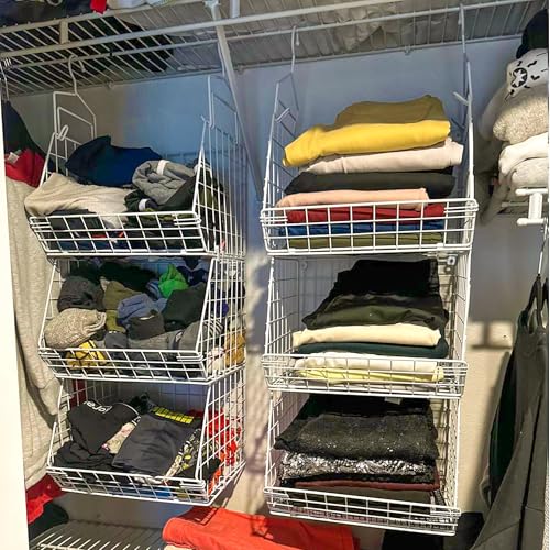 X-cosrack 3 Tier Foldable Closet Organizer, Clothes Shelves with 5 S Hooks, Wall Mount&Cabinet Wire Storage Basket Bins, for Clothing Sweaters Shoes Handbags Clutches Accessories-White Patent Design - color: White, size: 3-tier