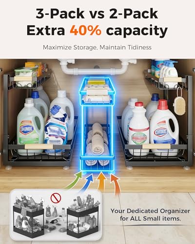 Sevenblue 3 Pack Under Sink Organizer, Height Adjustable 2 Tier Pull-Out Metal Under Kitchen Sink Organizer, Multi-Purpose Storage Shelves for Kitchen Bathroom Cabinet - color: Black