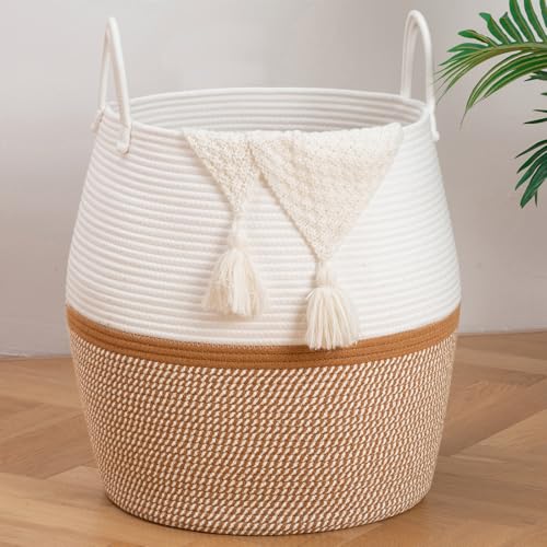 OIAHOMY 80L Blanket Basket with Handle, Storage Basket for Living Room, Laundry Hamper for Clothes, Towels, Pillows, Toy Storage for Kids and Dogs, Baby Hamper for Nursery - Brown & White - color: Brown & White, size: 80L