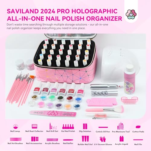 SAVILAND Nail Polish Organizer Bag: PU Leather Nail Polish Storage Organizer Holds 30 Bottles & Nail Lamp, Nail Polish Holder Travel Carrying Case Box Nail Tech Organizer Storage Bag for Nail Supplies - color: A-Pink