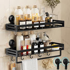 Shower Caddy Suction Cup, 15.7 inch 2 Pack Suction Shower Shelf with Hooks NO-Drilling Bathroom Holder, Rustproof Bathroom Organizer, Black,Includes 2 Extra Suction Cups for Replacement Use - size: 15.7 inches(2-Pack US)