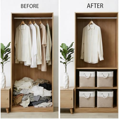 Cube Storage Bins, Collapsible Fabric Storage Cubes Bins, 11 Inch Cube Storage Bins with Handles, Foldable Storage Cubes (White/Beige, 6Pack) - color: white beige