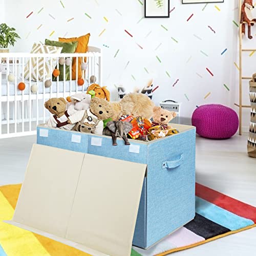 popoly Large Toy Box Chest with Lid, Collapsible Sturdy Toy Bin Storage Organizer Boxes Baskets for Kids, Boys, Girls, Nursery, Playroom, 25"x13" x16" (Linen Blue) - color: Large Blue