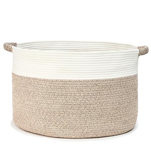 Blanket Basket - Woven Round Rope Storage Basket (22"Wx14"H) for Blankets & Throws, Small Laundry & Toy Organizer, Decorative Living Room & Bedroom Cotton Basket - White & Brown - color: White & Brown, size: XL-22"Wx14"H