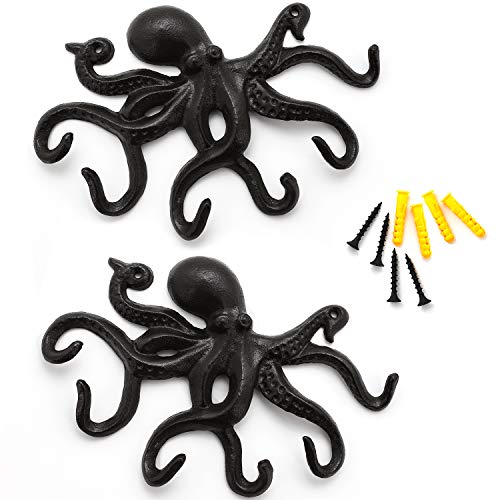 Coat Hooks Wall Mounted Key Holder, Retro Octopus Towel Hooks for Bathrooms, Heavy Duty Wall Hooks Decorative- 2Pcs - color: Black 2Pack