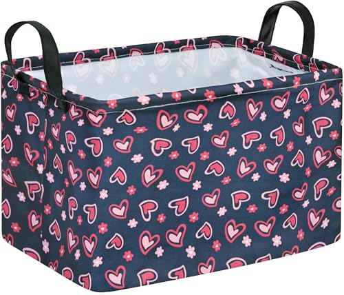 Rec Heart Print Box Hamper Storage Basket Collapsible Organizer Bin Gift Shelf Baskets for Home and Kitchen Storage - color: Black flower love