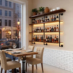 55" Modern Wall Mounted Wine Rack with LED Lights, 3-Tiers Industrial Pipe Liquor Floating Shelves, Rustic Metal Wall Wine Rack for Home, Restaurant, Commercial Bar, Kitchen Storage Display - size: 55inch/140cm