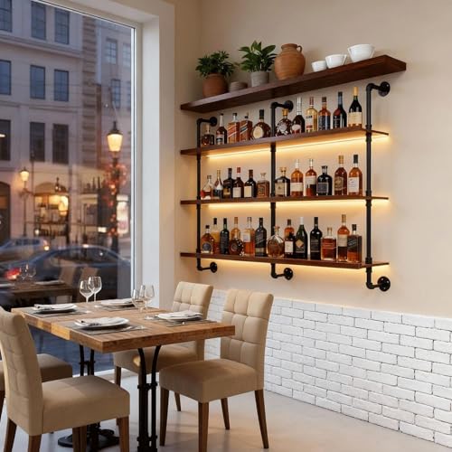 55" Modern Wall Mounted Wine Rack with LED Lights, 3-Tiers Industrial Pipe Liquor Floating Shelves, Rustic Metal Wall Wine Rack for Home, Restaurant, Commercial Bar, Kitchen Storage Display - size: 55inch/140cm