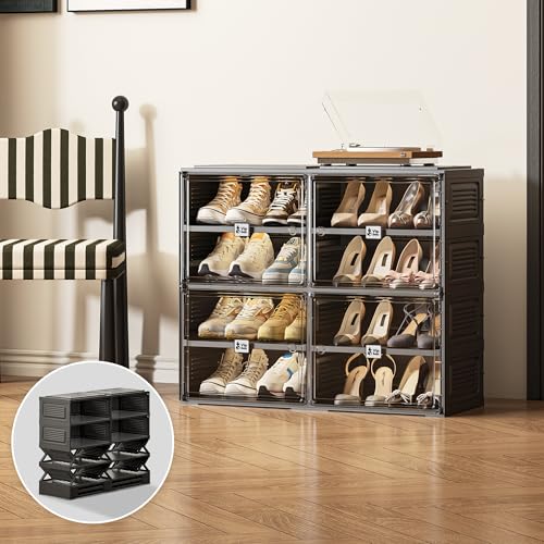 Vipbox Black Shoe Rack Organizer Cabinet for Closet Entryway,Clear Shoe Storage Boxes Stackable Sneaker Storage with Door Easy Assembly Shoe Cabinet with Lids Large 4 Tiers 16 Pairs - size: 4 Tiers 16 Pairs