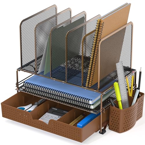 Simple Houseware Mesh Desk Organizer with Sliding Drawer, Double Tray and 5 Upright Sections, Copper - color: Copper