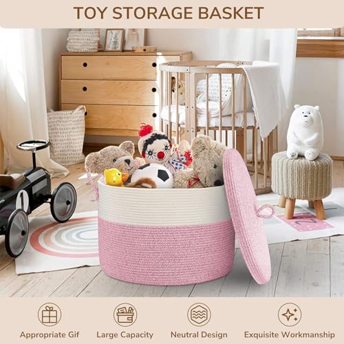 21" x 18" Extra Large storage baskets,Eco-friendly Decorative blanket basket with lid for Living room,rope baskets with lid,wicker hamper for bedroom,Big,Round,Pink 115L - color: White & Pink