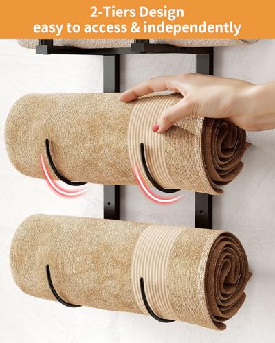 Towel Racks for Bathroom, Bathroom Towel Rack Wall Mounted with 2 Tiers Rolled Towel Holder, Towel Storage can Holds 3 Large Rolled Towels, Black - color: Black, size: 28 IN