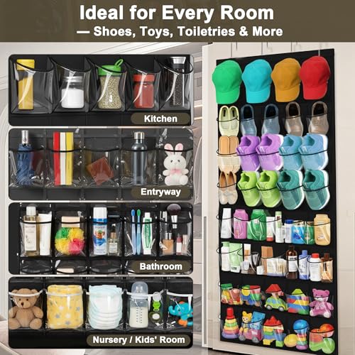 Over the Door Shoe Organizer with 40 Clear PVC Pockets – Waterproof Hanging Shoe Holder for Closet & Bathroom – Space-Saving Door Shoe Rack for Shoes, Toys, Toiletries & Snacks(Black) - color: Black