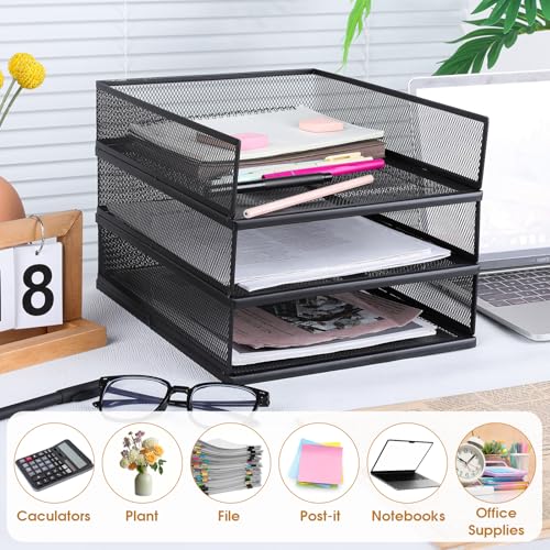 3 Pcs Black Metal Letter Tray, 3-Tier Stackable Paper Tray, Metal Mesh Desktop Organizer, Single Wire Mesh Organizer Front Load File Paper Holder, File Document Storage Rack for Office, School, Home
