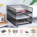 3 Pcs Black Metal Letter Tray, 3-Tier Stackable Paper Tray, Metal Mesh Desktop Organizer, Single Wire Mesh Organizer Front Load File Paper Holder, File Document Storage Rack for Office, School, Home