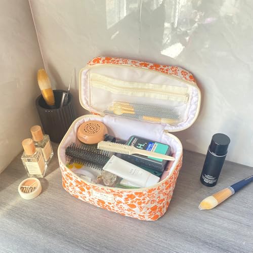 Orange Large Quilted Floral Makeup Bag Cute Soft Coquette Aesthetic Cosmetic Bag Cotton Travel Toiletry Bag for Women - color: A-Orange