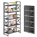 4NM 5 Tiers No Assembly Book Shelves, 51.2" H Folding Bookshelf Bookcase Open Industrial Foldable Shelves for Bedroom, Living Room, Home Office - All Black - color: All Black, size: XX 5-Tier