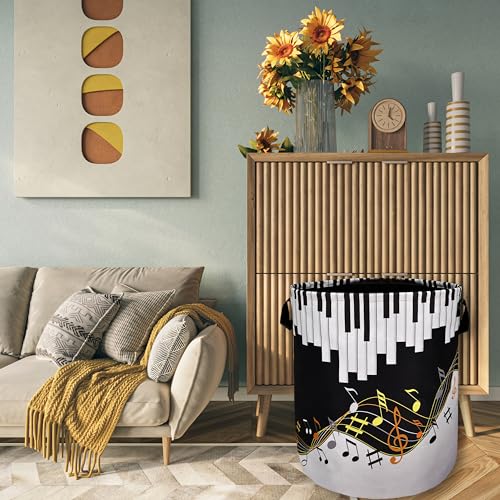 Piano Keyboard Laundry Basket Foldable With Handles Music Notes Tote Bag Oxford Cloth Colorful Laundry Hamper Clothes Storage Bucket Toy Organizer For Bathroom/Laundry/Bedroom 18.9"x16.5 " - color: Piano Keyboard With Music Notes